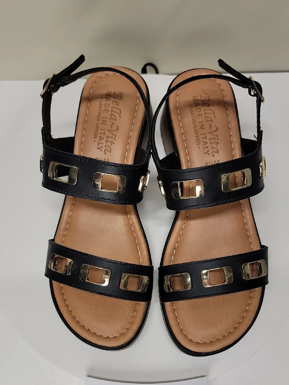 BELLA VITA ITALIAN LEATHER -NEW IN BOX- WEDGE SANDALS BLACK 6.5